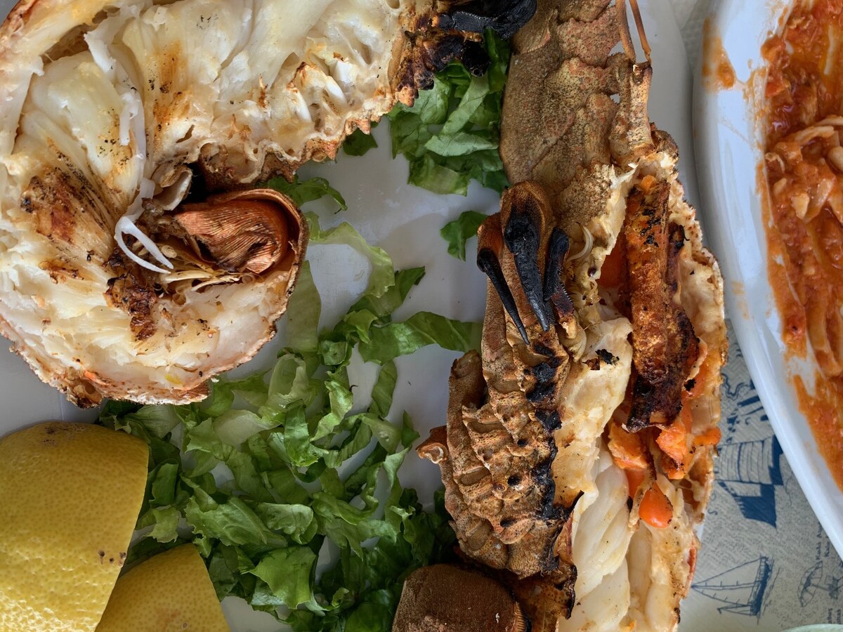 Grilled lobster halves with lemon