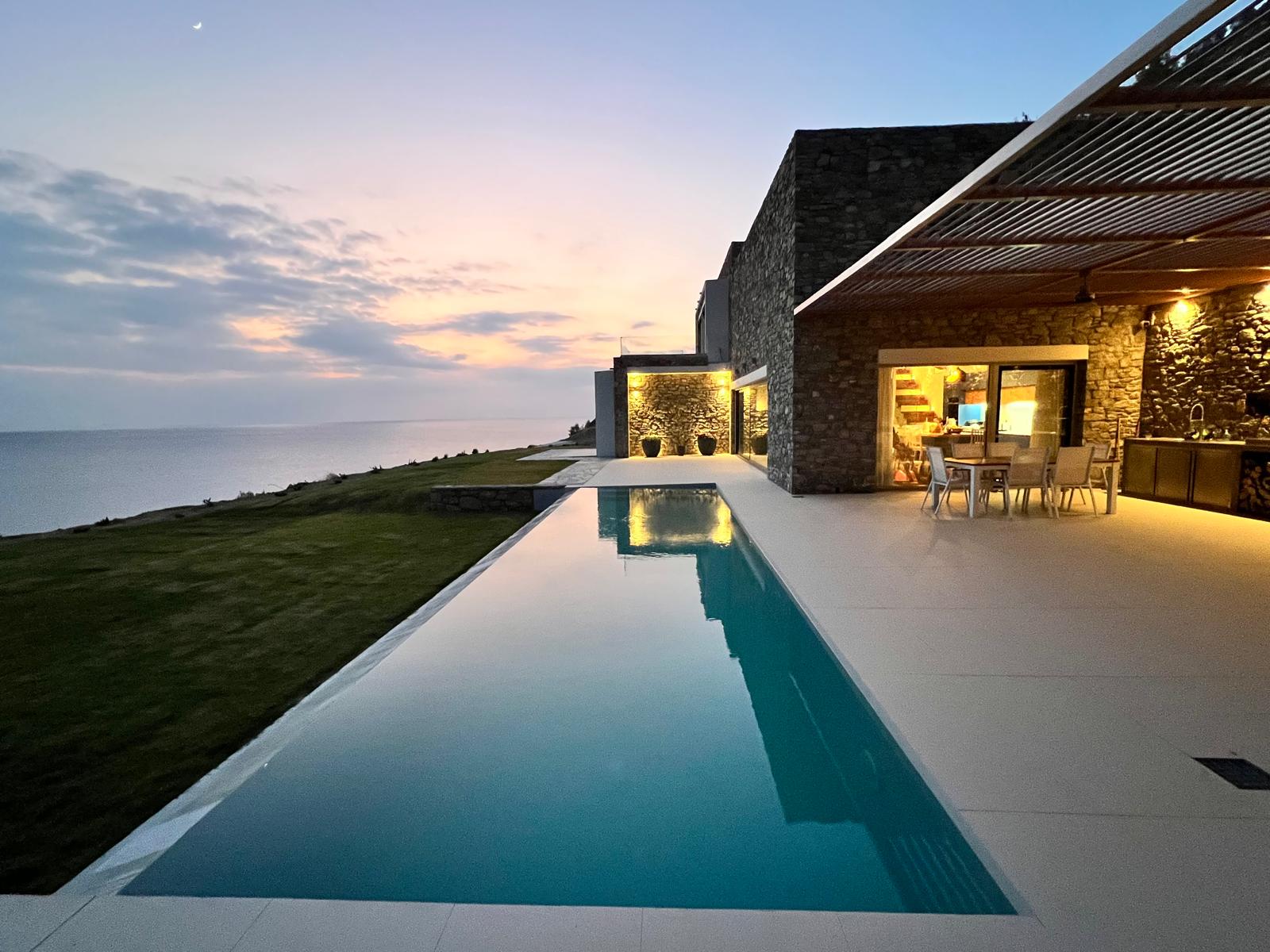 Sunset Cliff Villa — modern stone residence at sunset, Melinda, Lesvos